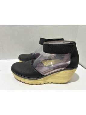 Fly London YAND Platform Wedge Black Shoes Ankle Strap Closed Toe Size 39 us 8